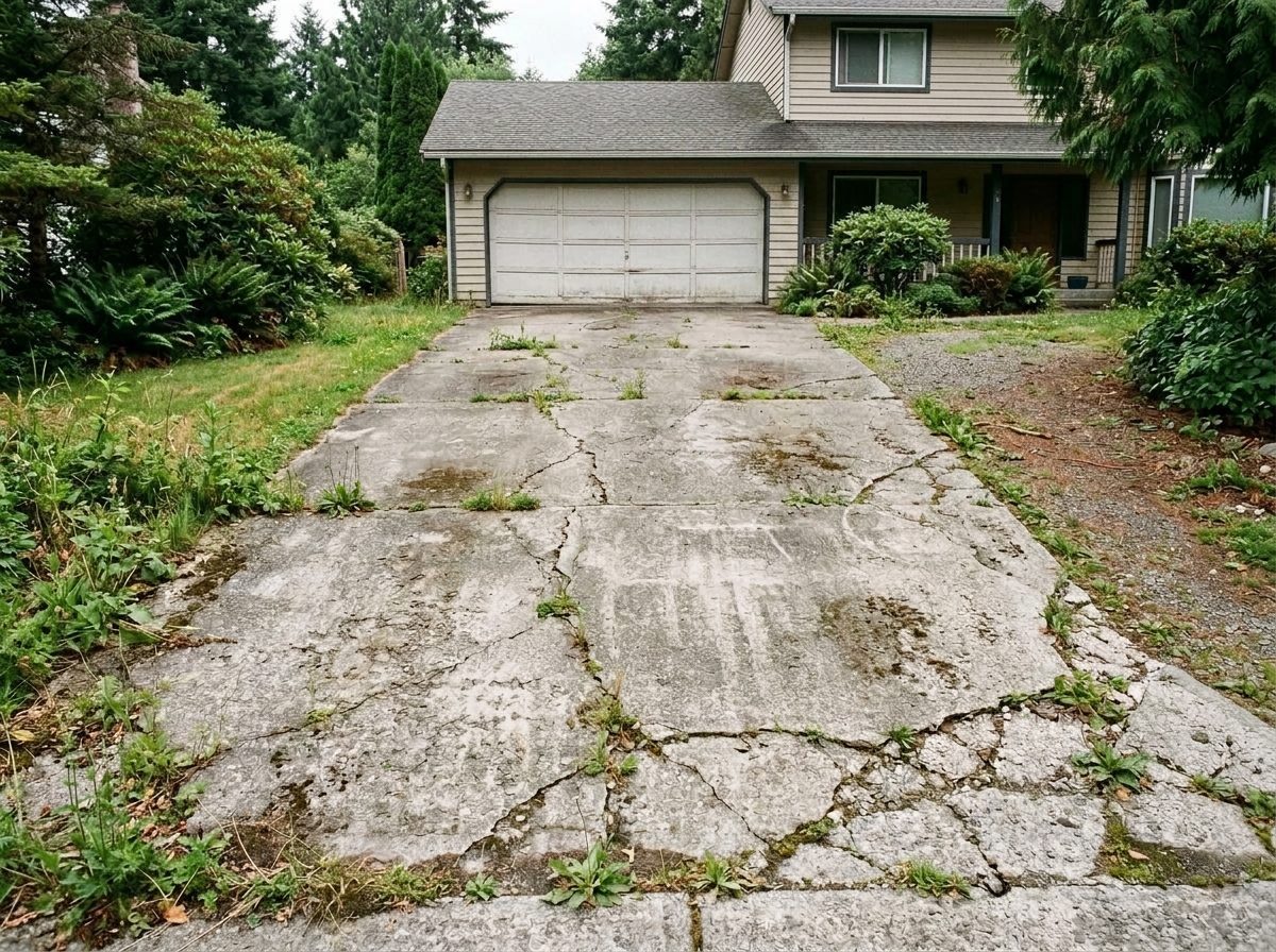 Cracked, worn concrete driveway before replacement in Sioux Falls, SD