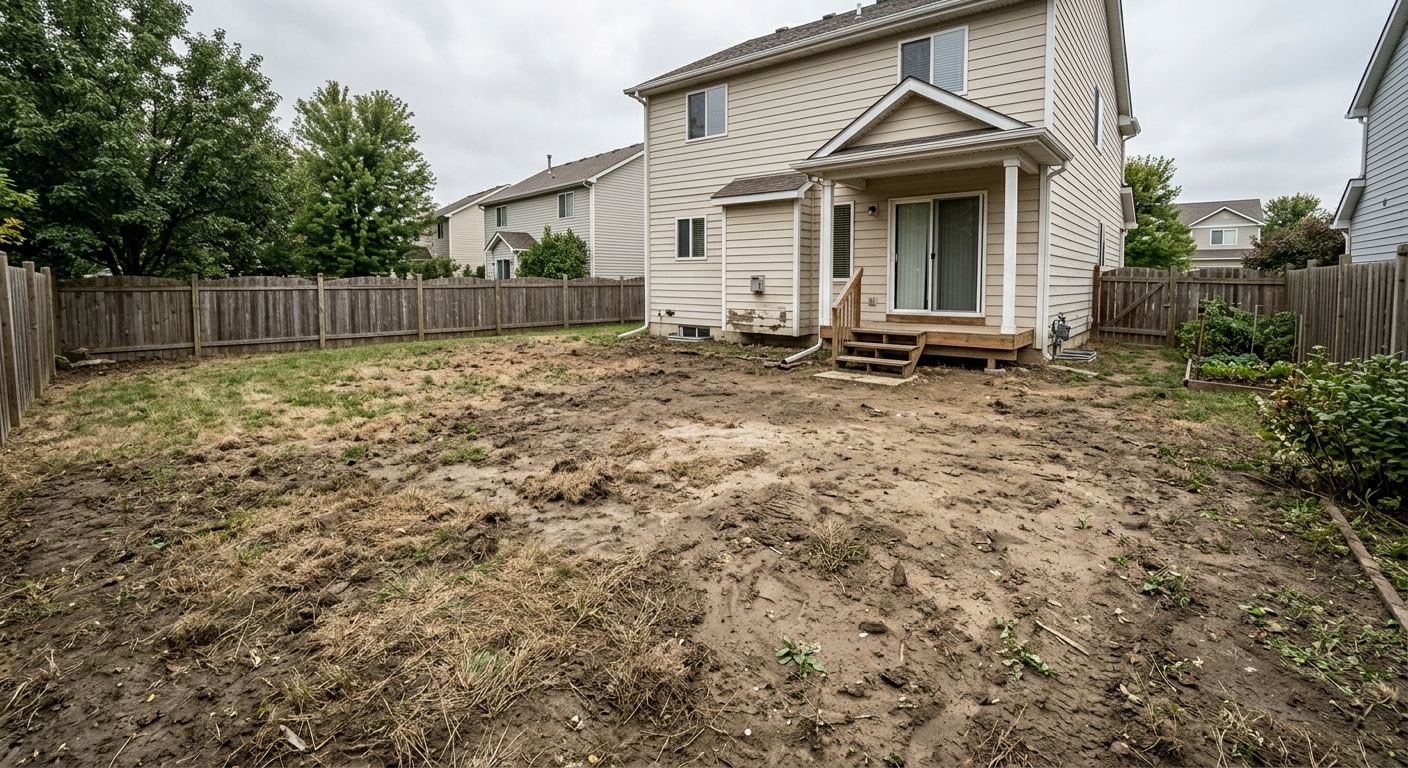 Bare backyard area before stamped concrete patio installation in Sioux Falls, SD